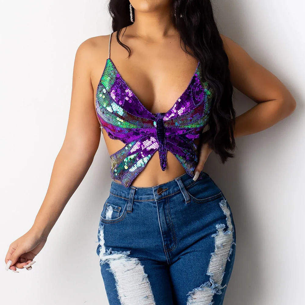 Summer Multi-color Bandage Butterfly Sequin Top Sexy Summer Tops Vintage Womens Lace Up Tank Top T Shirt Backless Short Clothes - Deanwangkt