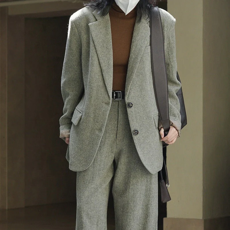 Hulianfu Fall Winter Women's Casual Coat Solid Color Single Breasted Pocket Decorative Loose Wool Blazer Jacket - Deanwangkt