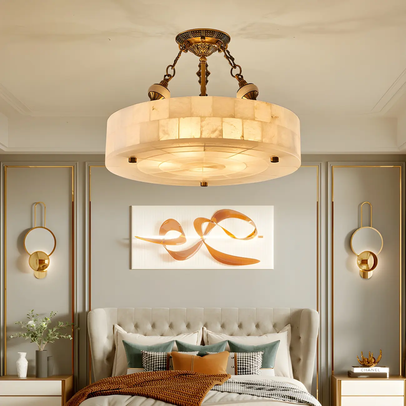 Luxurious Gold Alabaster Cylindrical Chandelier