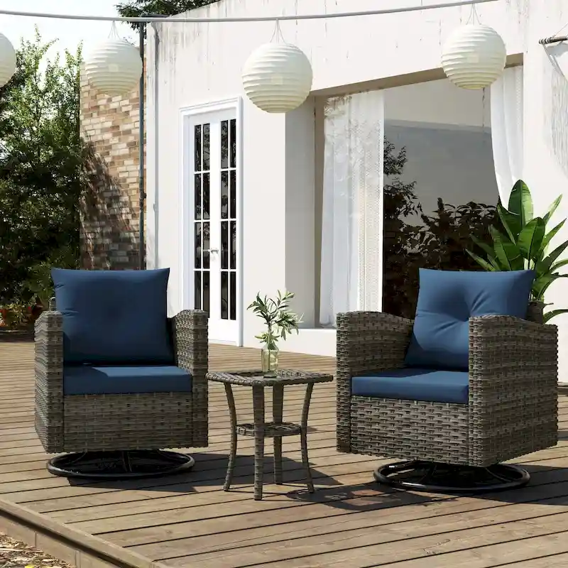 Outdoor 3-piece Swivel Chair Cushioned Rattan Conversation Set