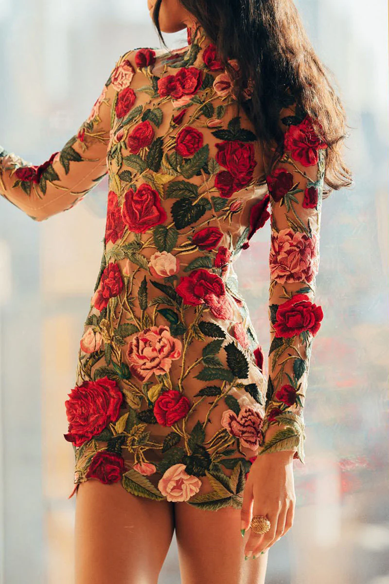 hulianfu Sexy Elegant Embroidery Patchwork Half A Turtleneck Wrapped Skirt Dresses - Deanwangkt