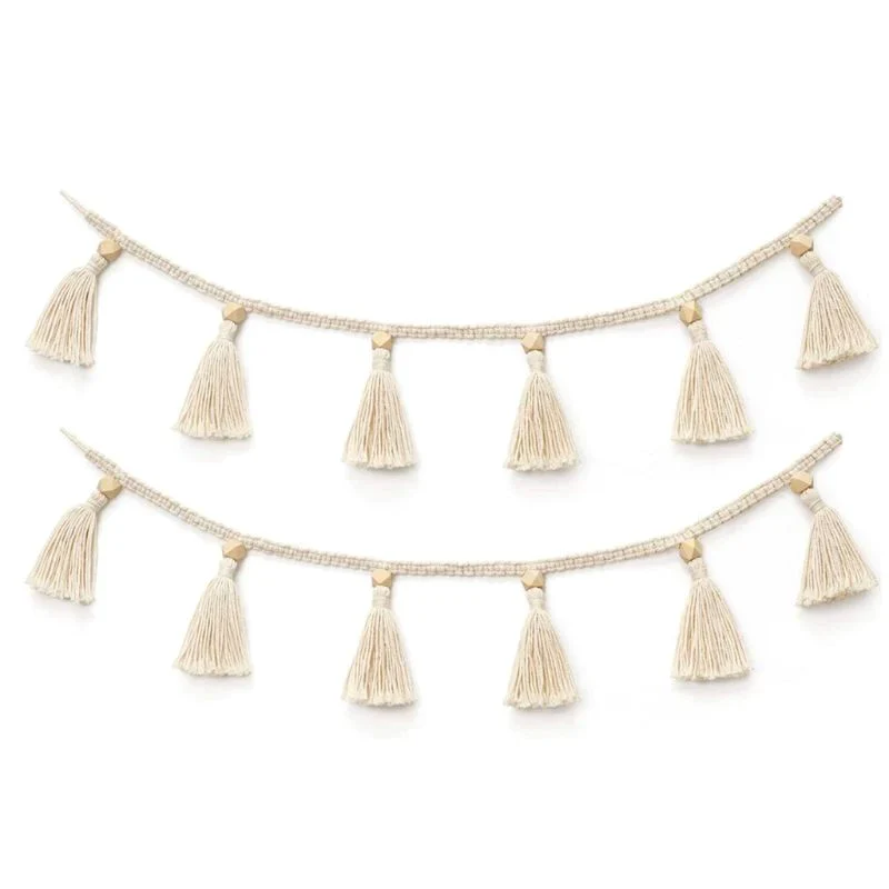 HULIANFU Nordic Cotton Rope Wooden Bead Garland with Tassel Wall Hanging Nursery Props Ornament Kids Baby Room Decor S24 20 Dropship - Deanwangkt