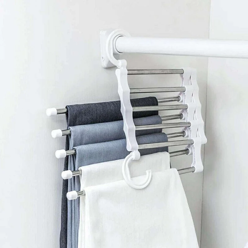 HULIANFU Stainless Steel Hangers Storage Tie Clips Multi-function 5 Layers Clothes Pants Rack Jeans Drying Rack Double Hooks Save Space - Deanwangkt