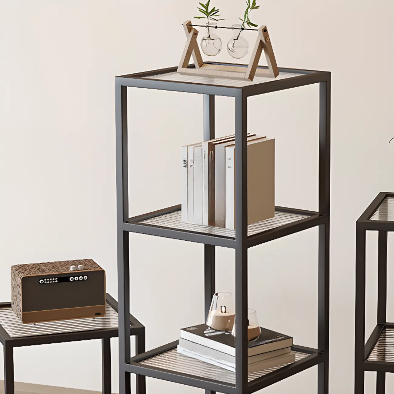 Modern Cube Open Metal Frame Black Bookcase