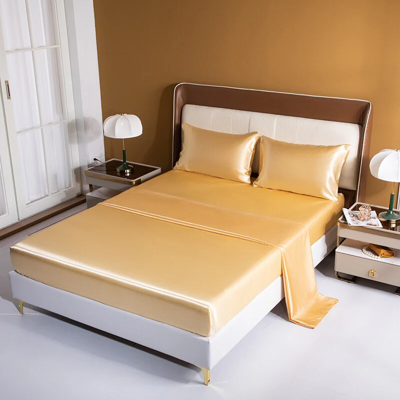 HULIANFU Satin Silk Sheet Set King Size Luxury Rayon Flat Sheet Set Solid Color Bed Sheet Set Single Double Fitted Sheet Set - Deanwangkt