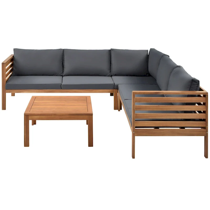 4-Piece Acacia Wood L-Shaped Sectional Sofa Set with Table