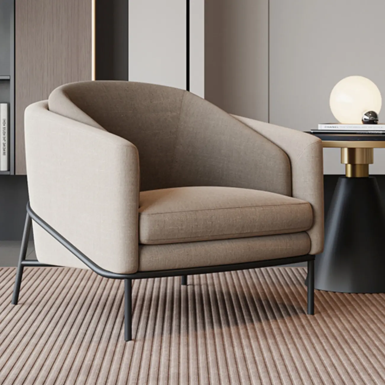 Modern Khaki Fabric Upholstered Barrel Chair