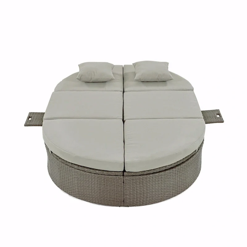 Rattan Patio Daybed with Cushions, Reclining Chaise Lounge, Foldable Trays