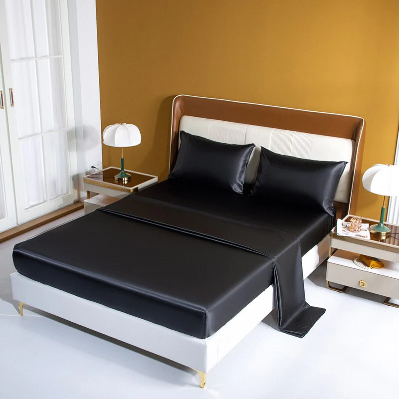 HULIANFU Satin Silk Sheet Set King Size Luxury Rayon Flat Sheet Set Solid Color Bed Sheet Set Single Double Fitted Sheet Set - Deanwangkt