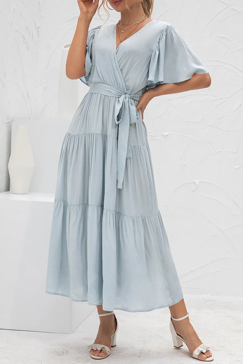hulianfu Elegant Solid Patchwork With Belt V Neck Cake Skirt Dresses - Deanwangkt