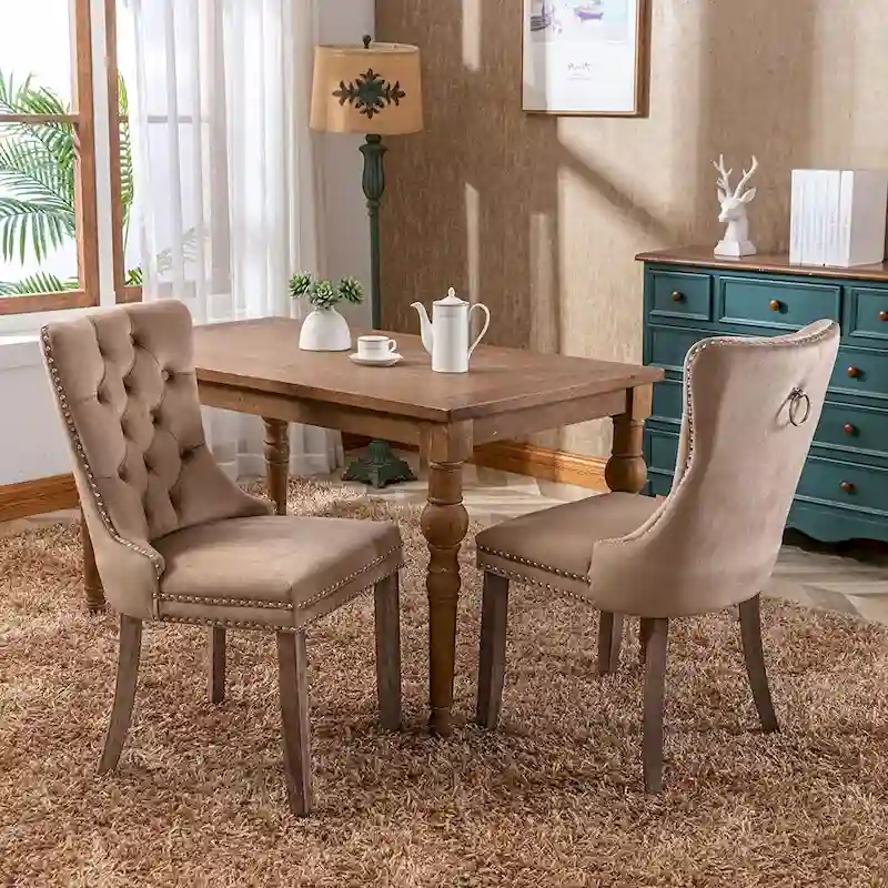 Velvet Dining Chairs Set of 2, Upholstered High-end Tufted Dining Room Chair with Nailhead Back Ring Pull Trim Solid Wood Legs