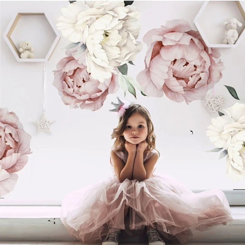 HULIANFU Pink White Watercolor Peony Flowers Wall Stickers for Kids Room Living Room Bedroom Home Decoration Wall Decal Home Decor Floral - Deanwangkt