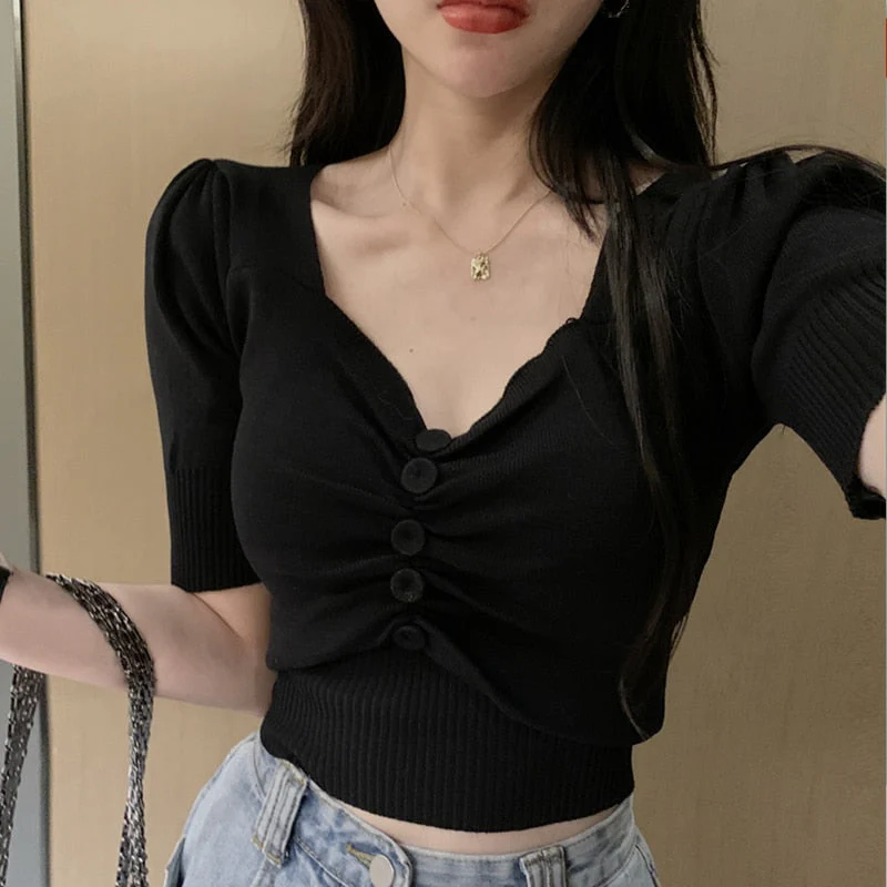 Hulianfu Vintage Puff Short Sleeve V-neck Knitted T-shirts With Decorated Buttons Girls Solid Stretchy Crop Tops Thin Knitwear For Women - Deanwangkt