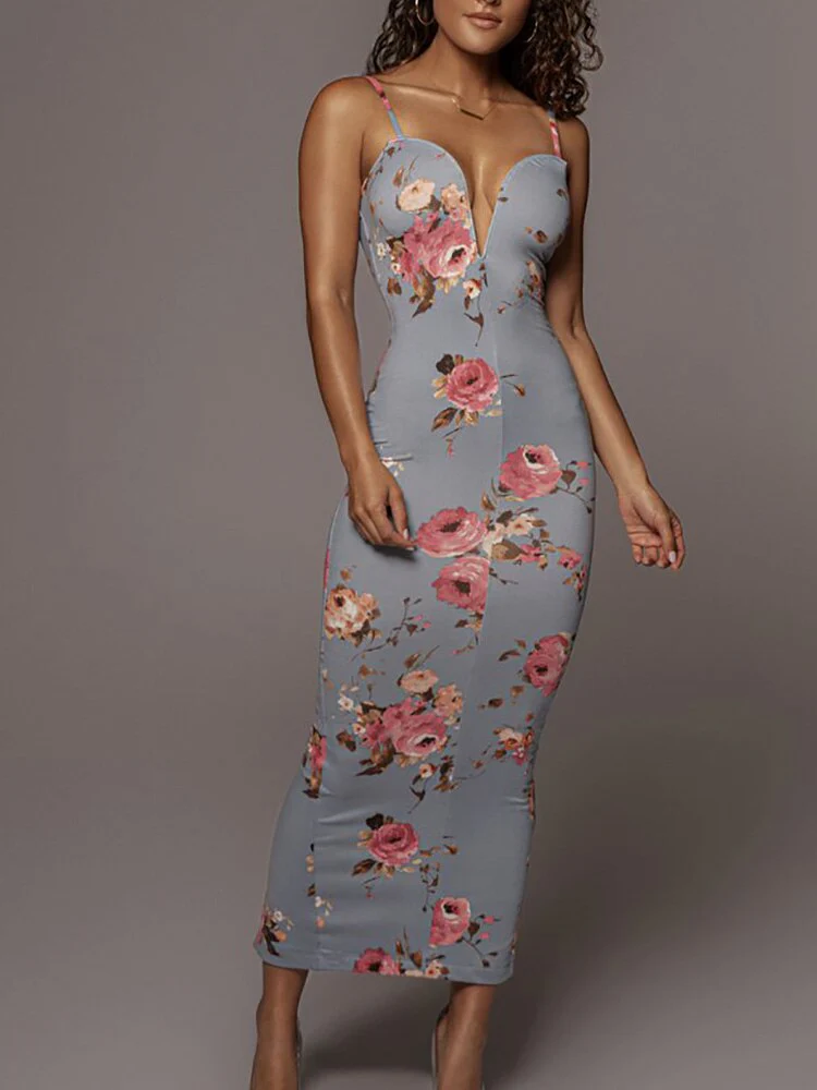 Sexy Spaghetti Strap Female Party Dress Summer Sleeveless V Neck Lace Patchwork Dress Women Floral Print Sheath Backless Dress - Deanwangkt