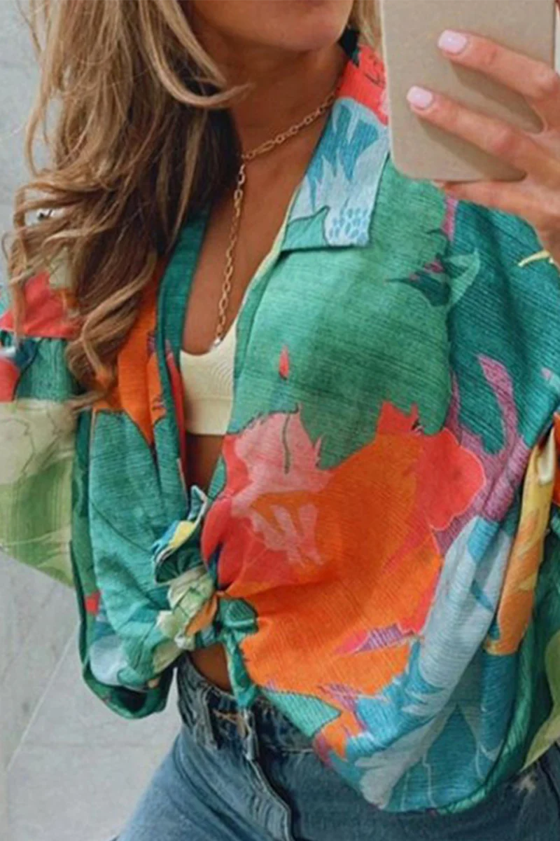 hulianfu Casual Print Patchwork Turndown Collar Blouses(4 Colors) - Deanwangkt