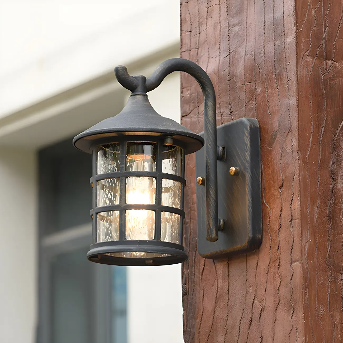 Rustic Black Metal Glass Lantern Outdoor Wall Light