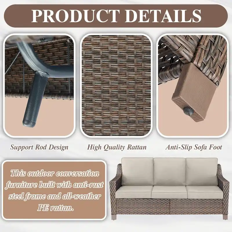 6 Pieces Wicker Sofa with Rocking Chair, Ottoman, Table - Brown