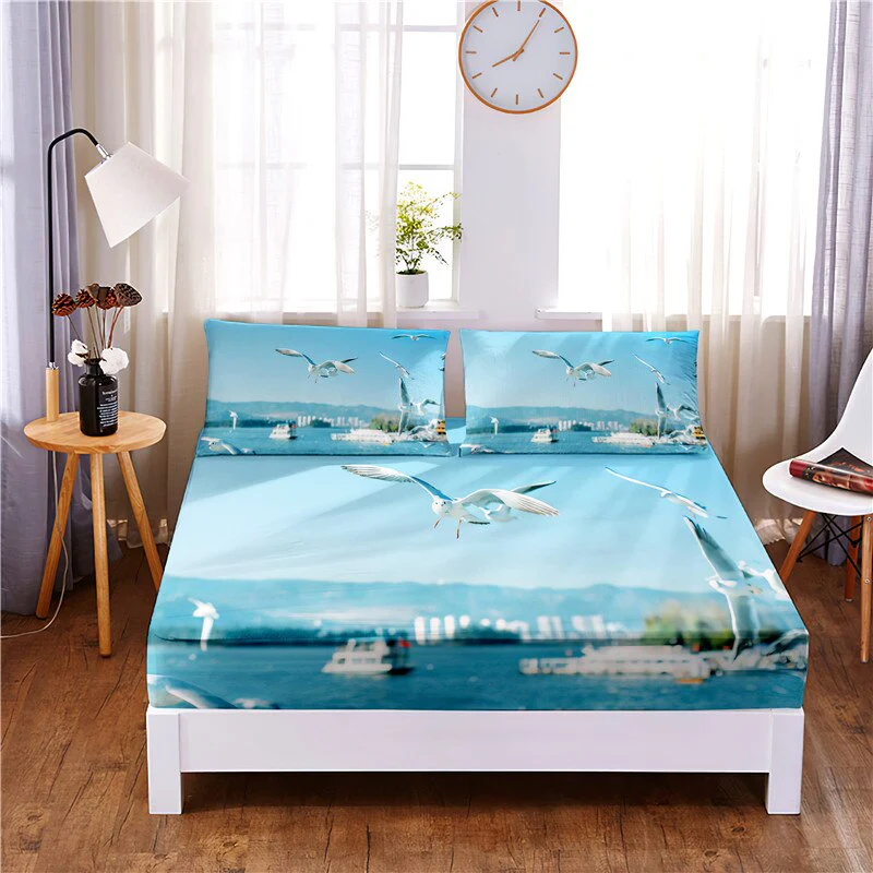 HULIANFU Sunset Beach Digital Printed 3pc Polyester  Fitted Sheet Mattress Cover Four Corners with Elastic Band Bed Sheet Pillowcases - Deanwangkt