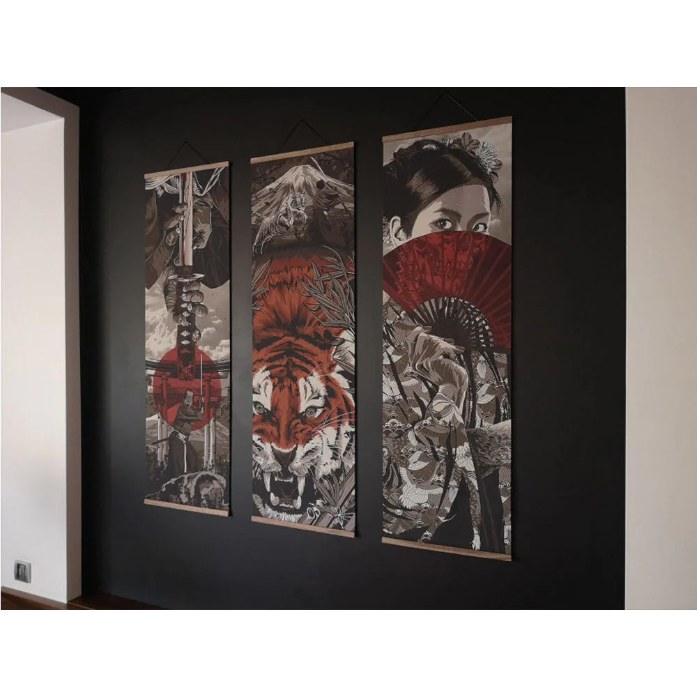HULIANFU Japanese Samurai Ukiyoe Tiger Canvas Poster Pictures for Living Room Home Decor Painting Wall Art with Solid Wood Hanging Scroll - Deanwangkt