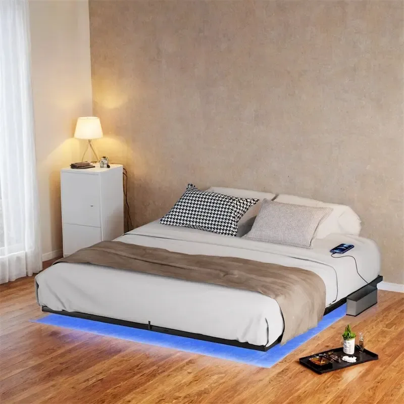Floating Bed Frame King Size with LED Lights and Charging Station