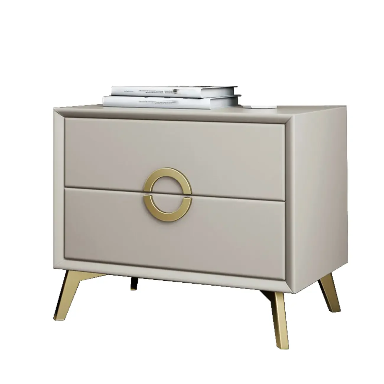 Chic Khaki Leather Gold Accents 2-Drawer Nightstand