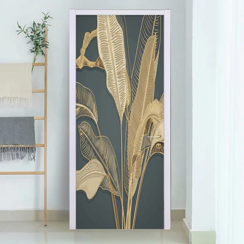 HULIANFU 2026  Door Sticker Modern Banana Leaf Light Luxury 3D Relief Golden Line Wallpaper Living Room Bedroom Abstract Art Door Poster Decor - Deanwangkt