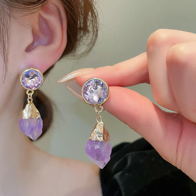 hulianfu Retro Purple Round Crystal Irregular Stone Dangle Earrings For Women Girl Temperament Aretes De Mujer Modernos - Deanwangkt