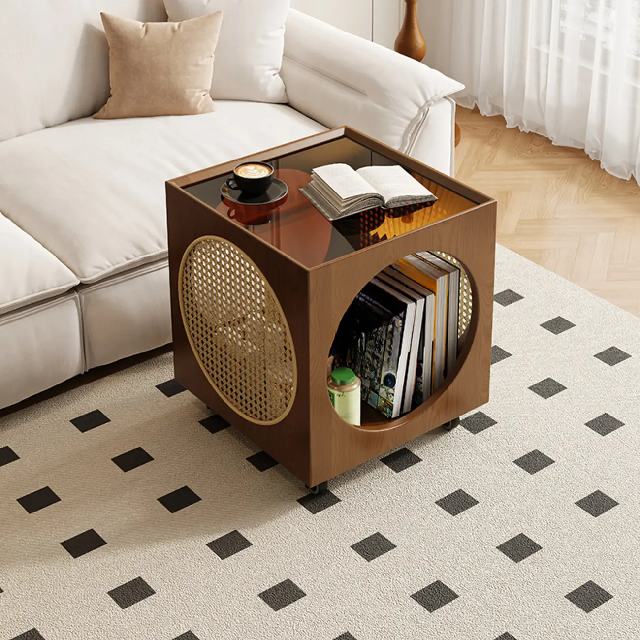 Mid-Century Modern Rolling Glasstop Square Wood Side Table