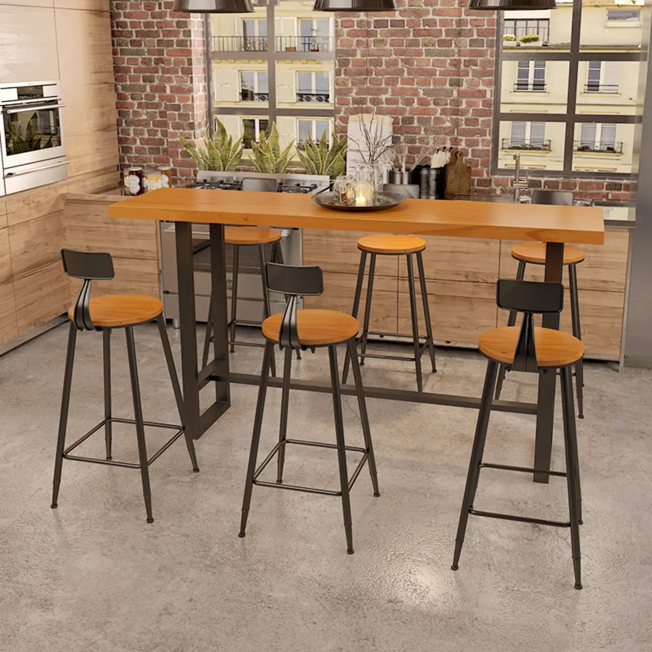Industrial Wood Bar Table Set with Black Metal Base