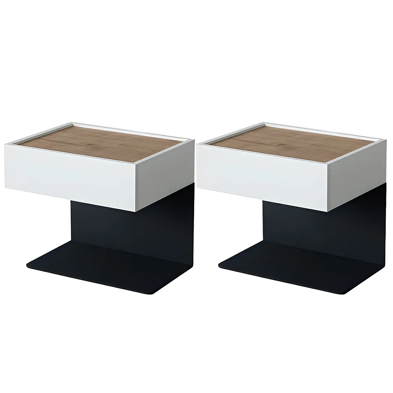 Black Steel Wood C-Shaped Drawer Nightstand with Light