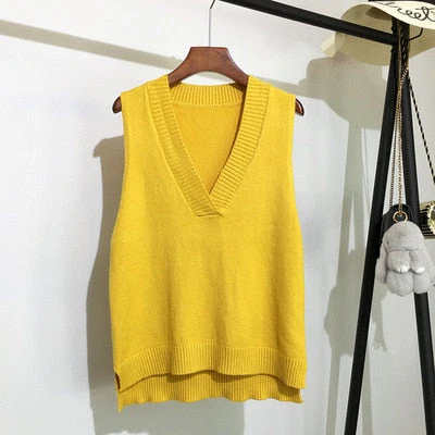 Autumn Women's Sweater Vest V-neck Sleeveless Irregular Casual Loose Knitted Pullover Tops Female Outerwear - Deanwangkt