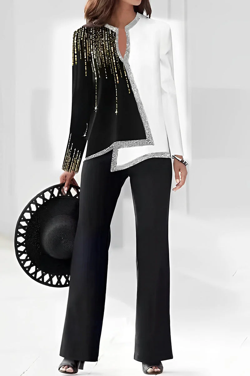hulianfu Casual Print Asymmetrical V Neck Long Sleeve Two Pieces - Deanwangkt