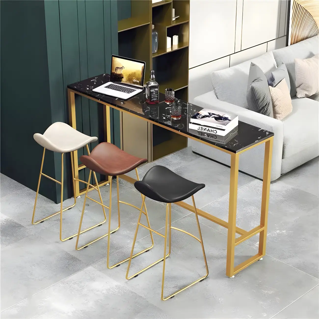 Modern Marble Counter Height Table with Trestle Design