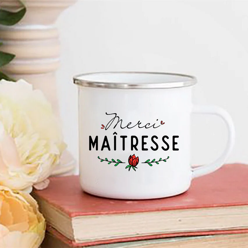 HULIANFU Merci Maîtresse/Atsem Print Coffee Mug Creative Enamel Cups Drinks Water Milk Cup Mug School Home Handle Drinkware Teacher Gifts - Deanwangkt
