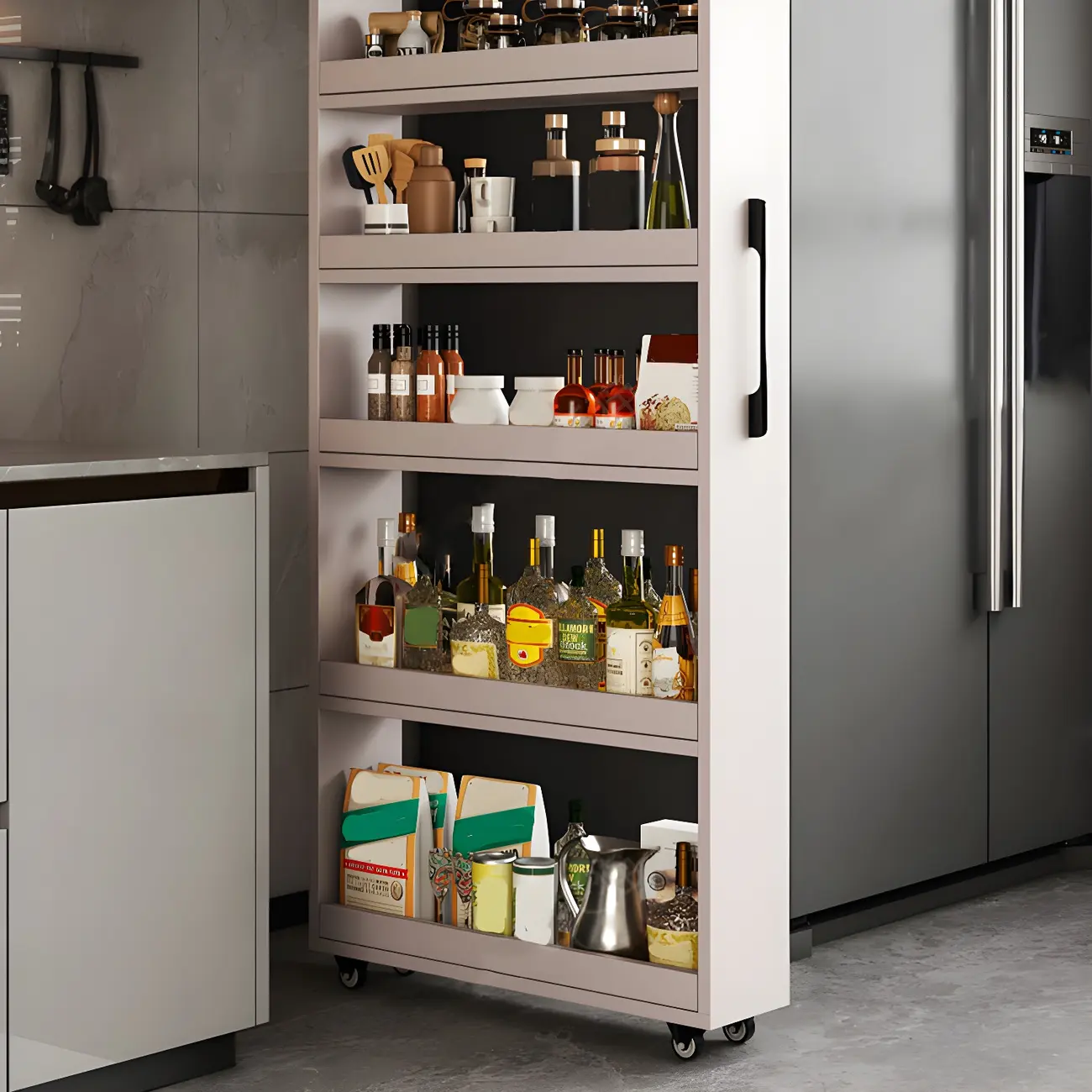Modern Wooden Buffet Table with Open Shelves and Caster