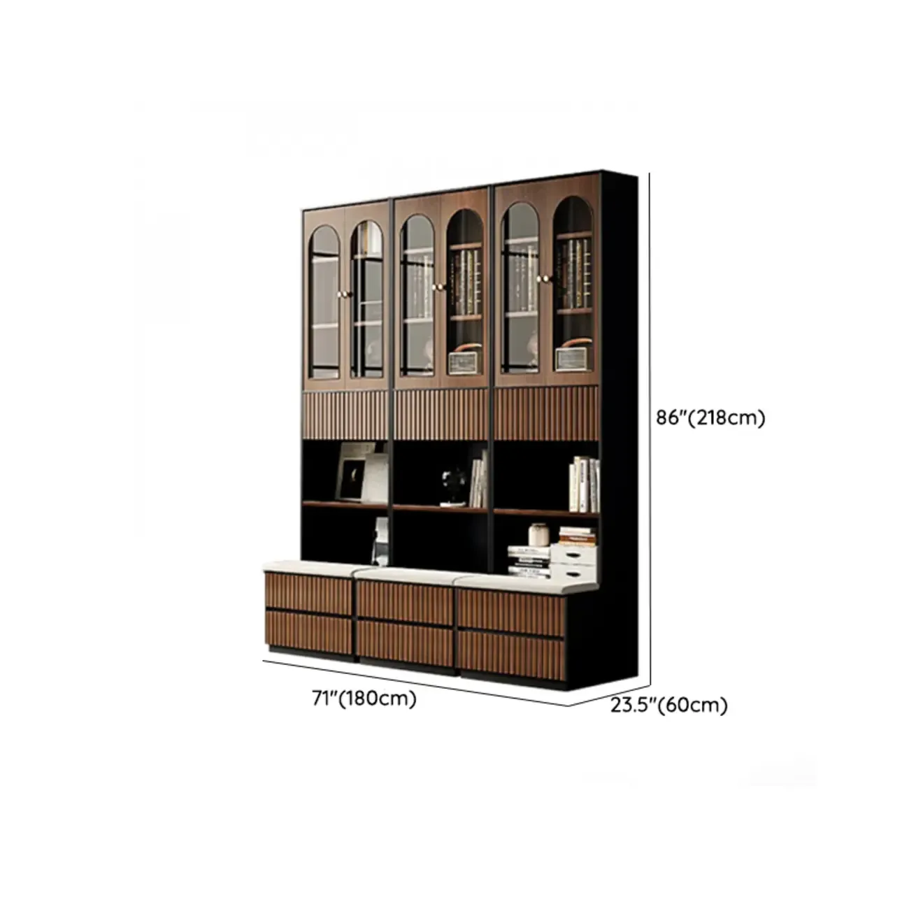 Tall French Country Display Wooden Bookcase with Cushioned Bench