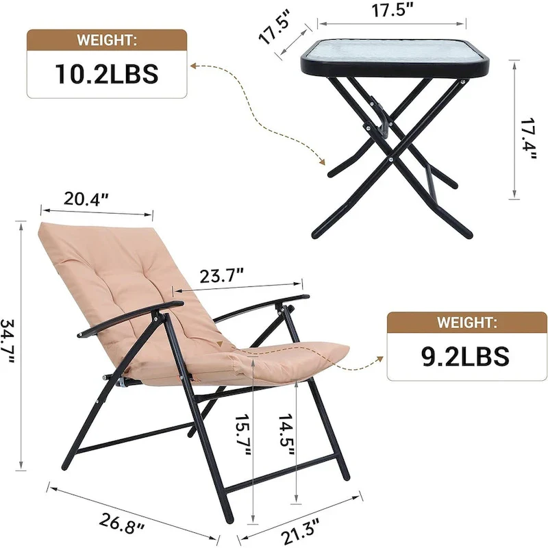 3-Piece Folding Patio Bistro Dining Set, Furniture Set with 2 Folding Reclining Chairs with Cushion and 1 Folding Glass Table