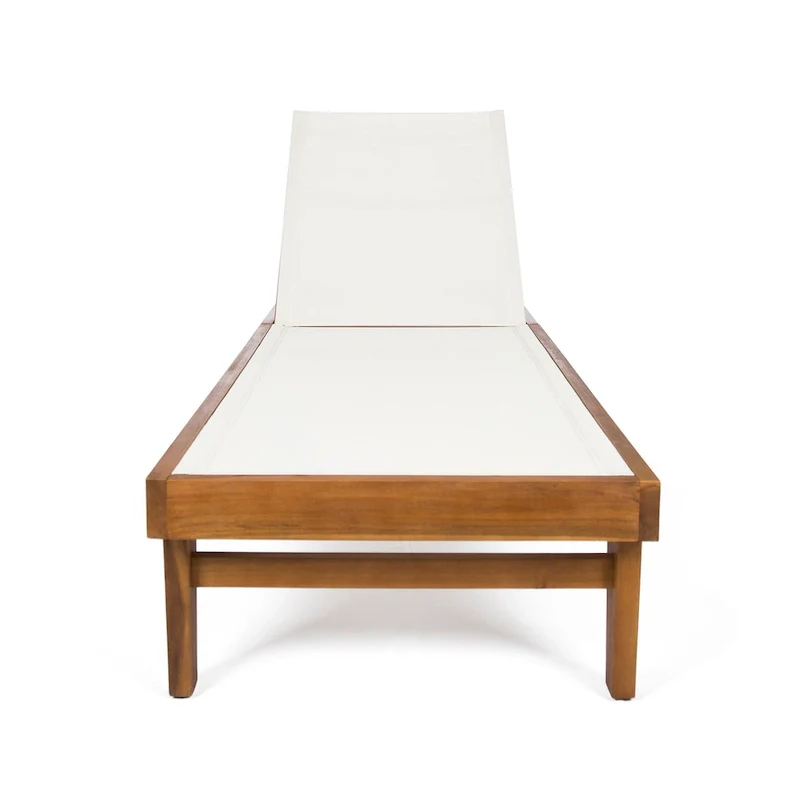 Liam Outdoor Chaise Lounger, Ergonomic White Mesh Seat, Brown Acacia Wood