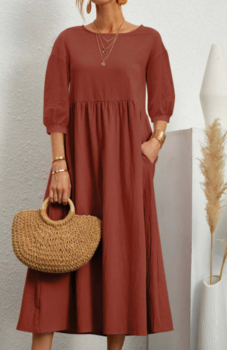 hulianfu Casual Solid Solid Color O Neck A Line Dresses(11 Colors) - Deanwangkt
