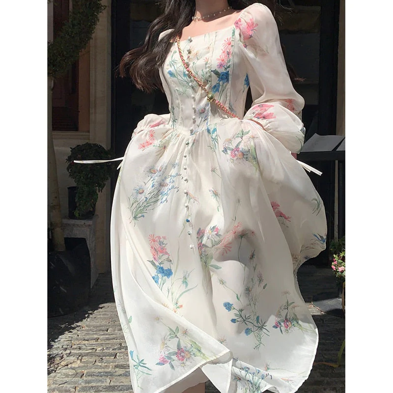 Hulianfu Print Midi Dresses for Women 2026  Fairycore Square Collar Long Sleeve Vintage Dress New Fashion Elegant Party Dresses - Deanwangkt