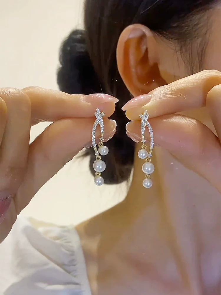 Temperament Premium Pearl Earrings Light Luxury Full Diamond Stud Earrings popular New Trendy Versatile 925 Silver Needle Earrings Women - Deanwangkt