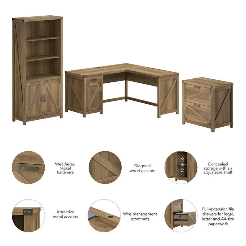 Knoxville 60W L-Desk with File Cabinet and Bookcase by