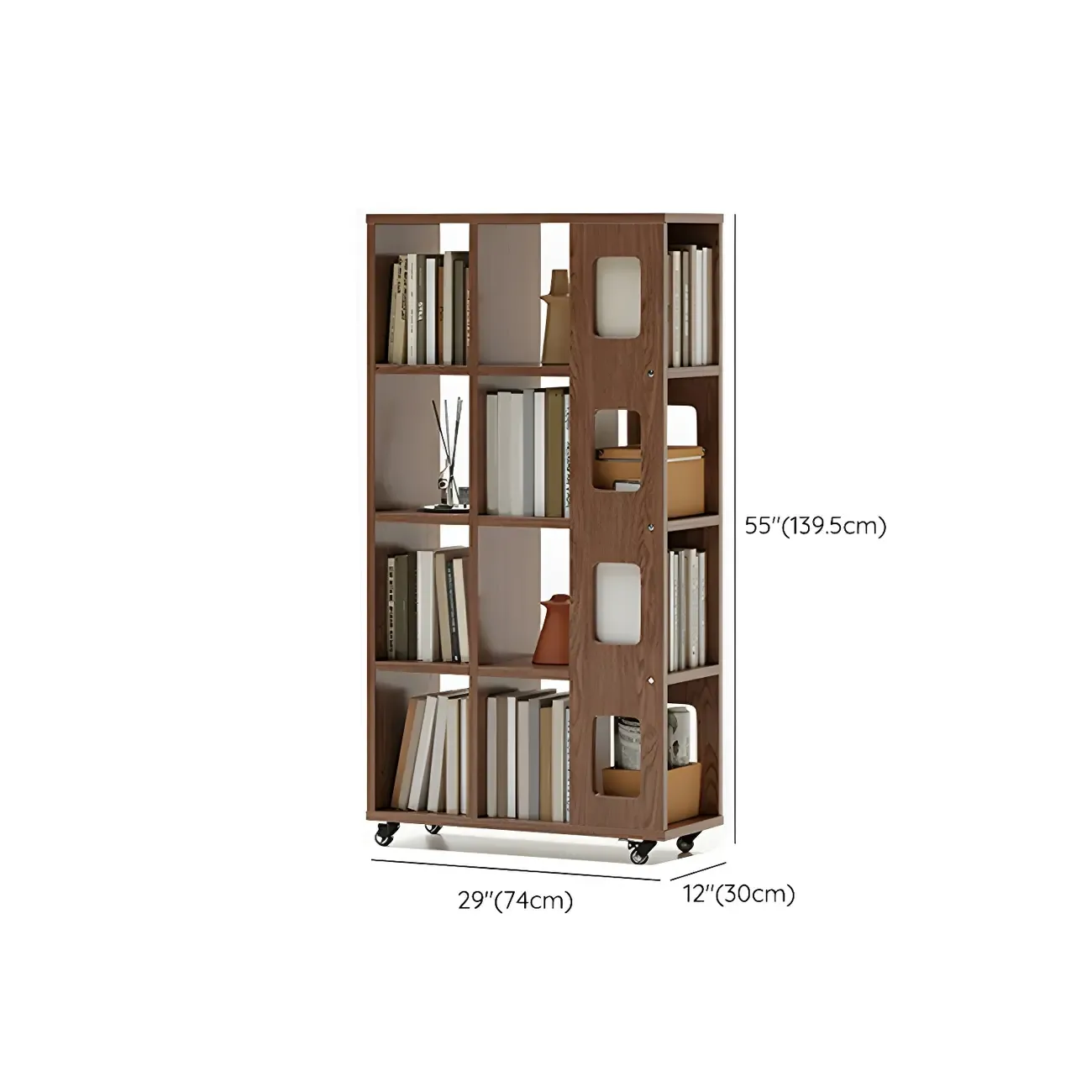 Mid-Century Nut-Brown Wood 5-Tier Bookcase on Wheels