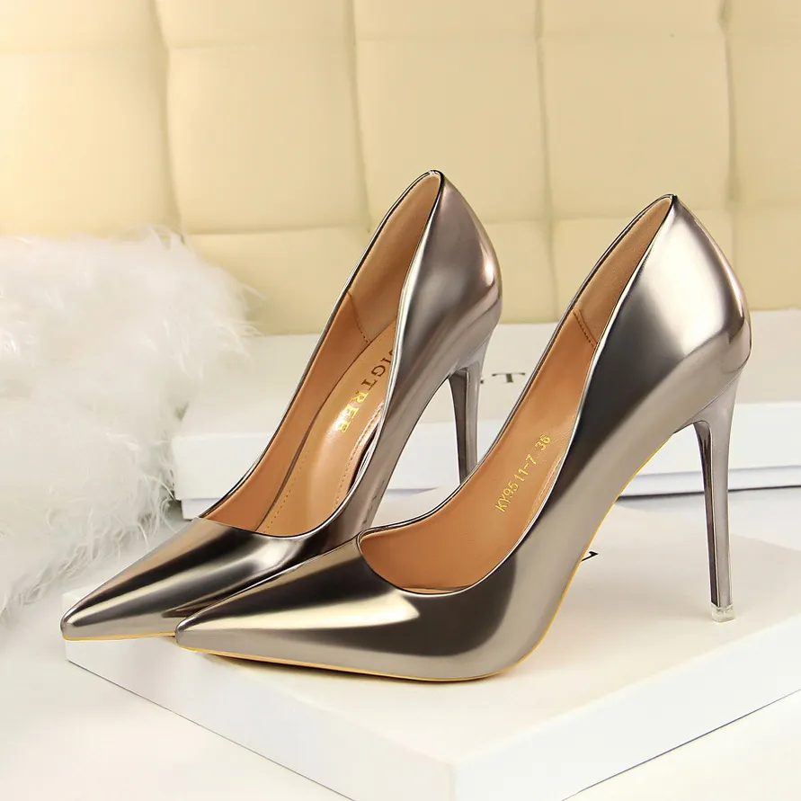 Women Patent Leather Pumps 7.5cm 10.5cm High Heels Lady Stiletto Low Heels Wedding Bridal Mteallic Silver Gold Sparkly Shoes - Deanwangkt