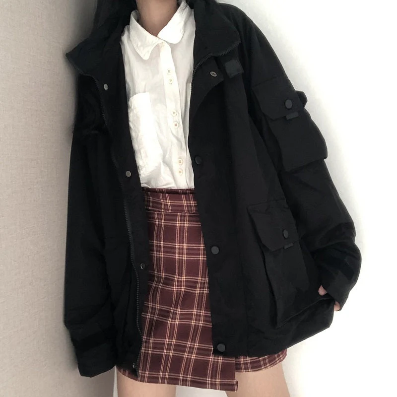 Basic Jackets Women Chic All-match Retro Solid Zipper Design Ulzzang Lovely Fashion Teens Overcoats Daily Vintage Womens Outwear - Deanwangkt