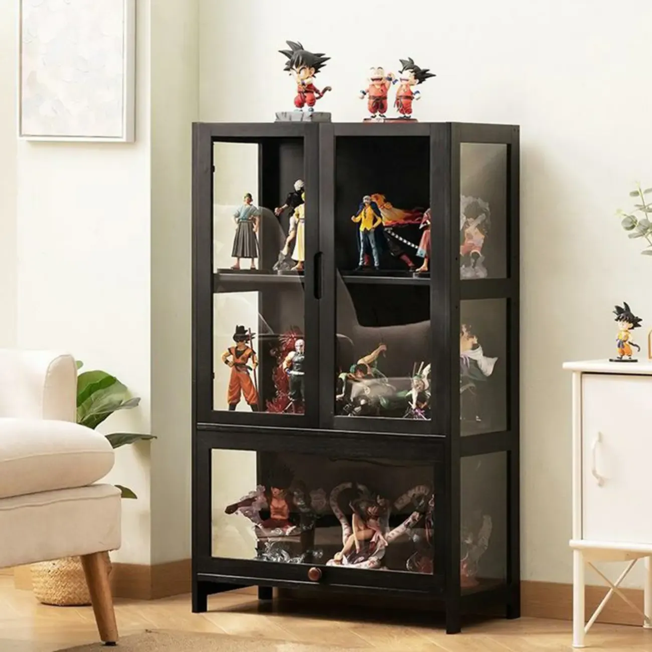 Modern Black Bamboo Adjustable Shelves Glass Display Cabinet