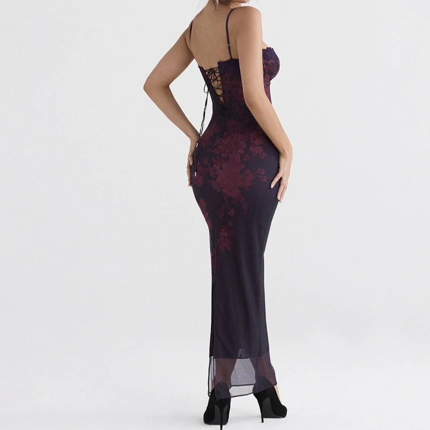 Hulianfu Floral Print Maxi Prom Dress Sexy Mesh Celebrity Evening Party Dresses Bodycon Spaghetti Strap Summer Women Dresses - Deanwangkt