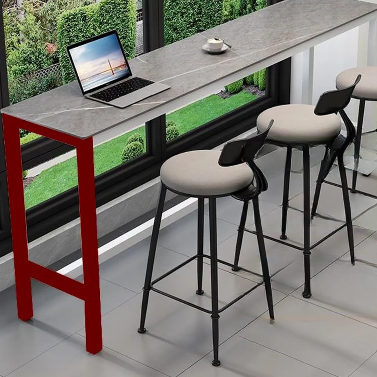 Modern Grey Stone Top Bar Height Table with Trestle Base