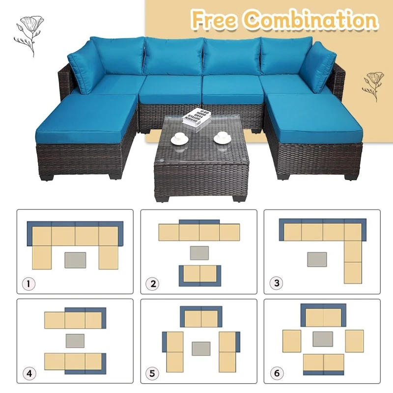 7-Piece Rattan Wicker Cushioned Sofa Sets with Coffee Table