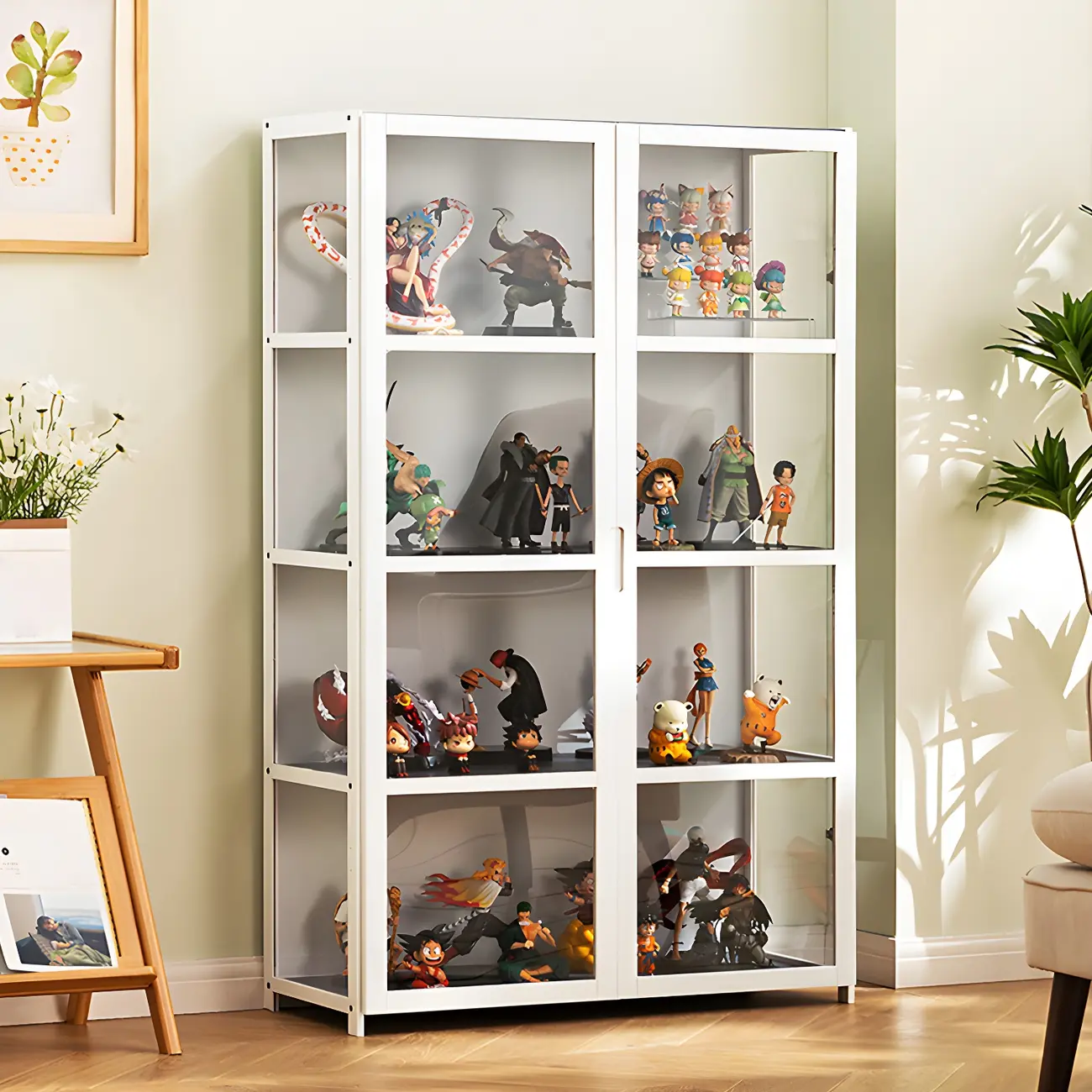 White Modern Bamboo Clear Figure Curio Cabinet
